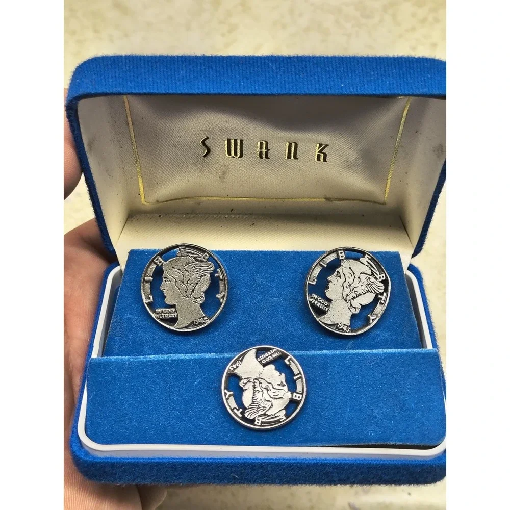 Vintage Swank Cufflinks & Tie Tack Set w/ Mercury Dime Design 1945 w/ Box